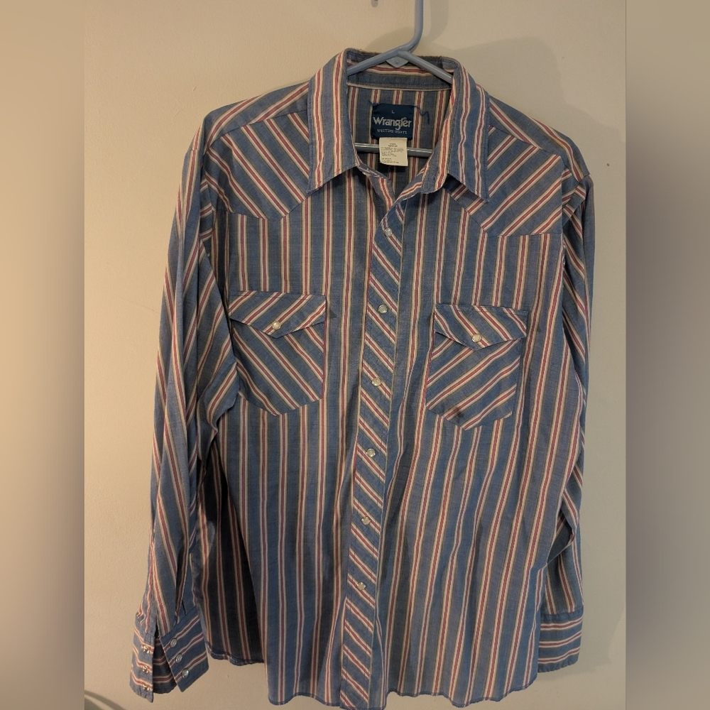 Wrangler Striped Western Button-Down in Blue with Red & White Stripes